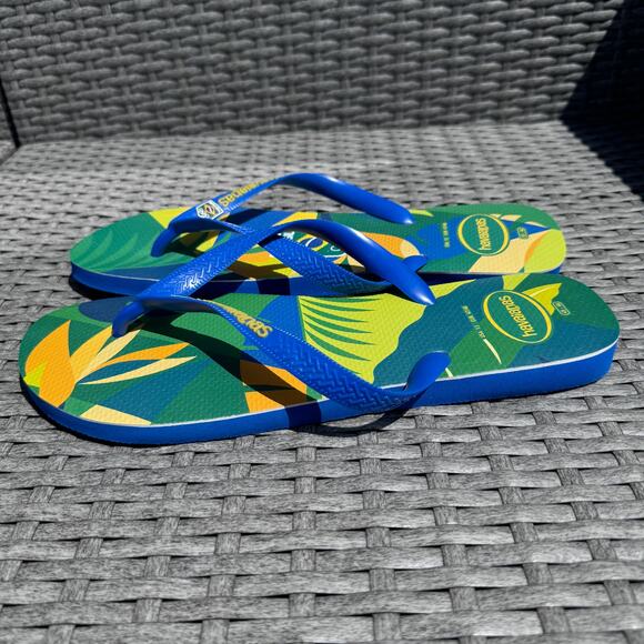 Havaianas Brazil Olympic Team Floral Flip Flop Slipper Blue Green Womens Size 13 - Picture 2 of 9